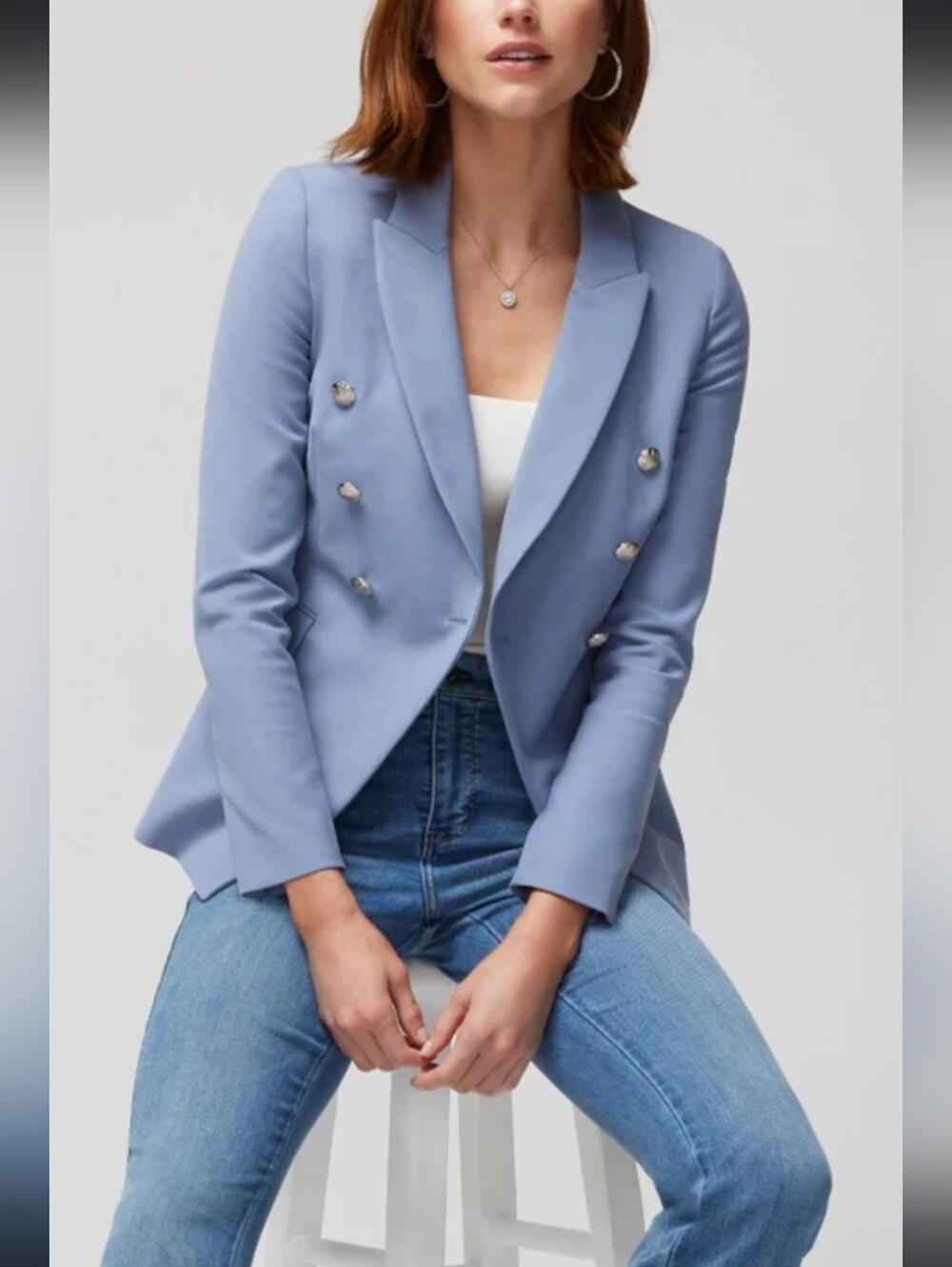 Women's Double-Breasted Light Blue Blazer with Decorative Buttons